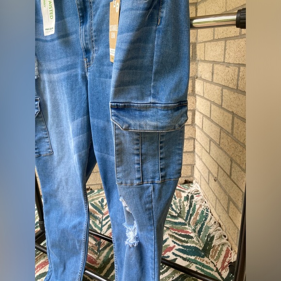 Wax Jeans Blue Denim Cargo Pocket Skinny Jeans Stretchy Cropped Jeans - Picture 8 of 16